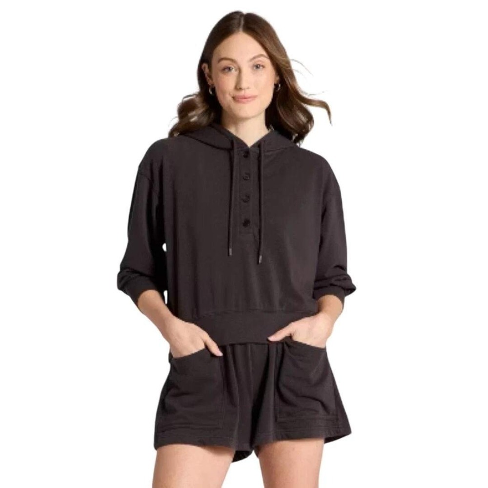 Universal Thread Womens Black Henley Relaxed Button Hoodie Sweatshirt Size Small